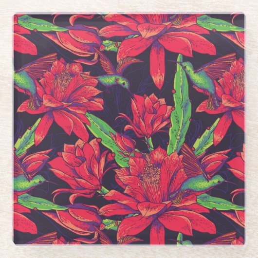 Blumen und Kolibris Glasuntersetzer (Vorderseite)