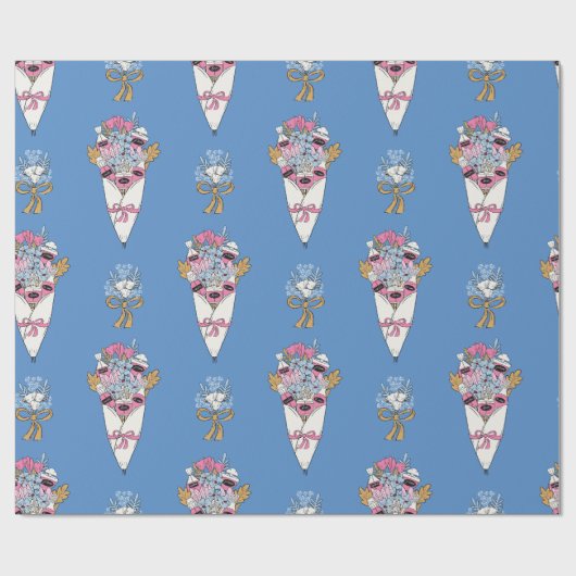 Blumen- und Parfüm-Strauß-Bundle auf blau Geschenkpapier (Flach)