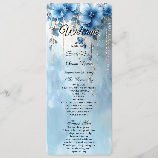 Blumen und Perlen Hochzeitsprogramm Blau Programm (Vorderseite)