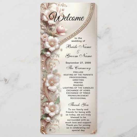 Blumen- und Perlenverzierungen Hochzeit Programm (Vorderseite)
