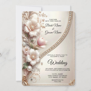 Blumen- und Perlenverzierungen Hochzeitseinladung Einladung