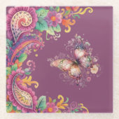 Blumen- und Schmetterling-Paisley Glasuntersetzer (Vorderseite)