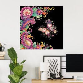 Blumen- und Schmetterling-Paisley Poster