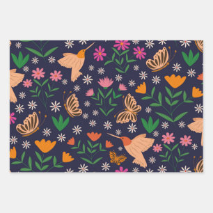 Blumen und Schmetterlinge mit Kolibris Geschenkpapier Set
