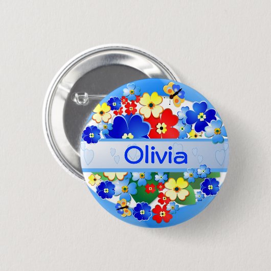 Blumen und Schmetterlinge ~ Namen-Knopf Button (Vorne & Hinten)