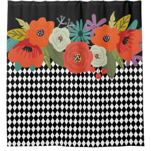 Blumen und Schwarz-weißer Fliesen Duschvorhang (Vorderseite)