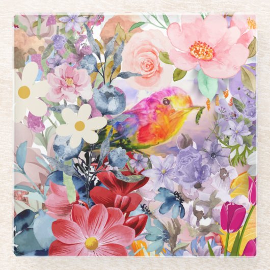 Blumen und Vogel Glasuntersetzer (Vorderseite)