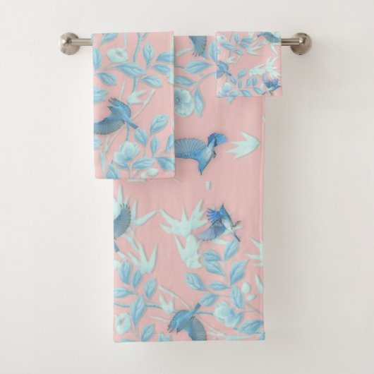 Blumen und Vögel , Hintergrundfarbe der Rose Badhandtuch Set (Insitu)