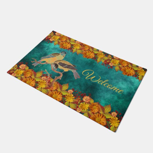 Blumen und Vögel Orange, Rot, Gelb, Aquamarin, Cus Fußmatte (Schrägansicht)