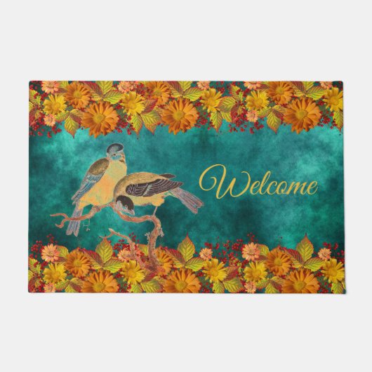 Blumen und Vögel Orange, Rot, Gelb, Aquamarin, Cus Fußmatte (Vorderseite)