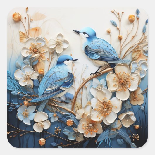 Blumen und Vögel Quadratischer Aufkleber (Vorderseite)