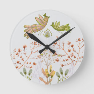 Blumen und Vögel Runde Wanduhr
