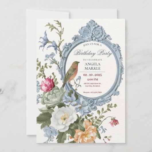 Blumen und Vogelrahmen Geburt Einladung (Vorderseite)