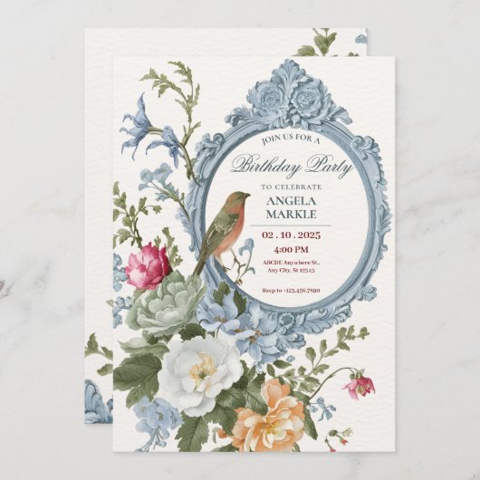 Blumen und Vogelrahmen Geburt Einladung (Vorne/Hinten)