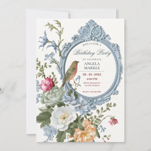Blumen und Vogelrahmen Geburt Einladung (Vorderseite)