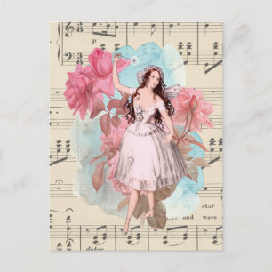 Blumen Vintage Fee Musik Ballerina Tänzerin Postkarte