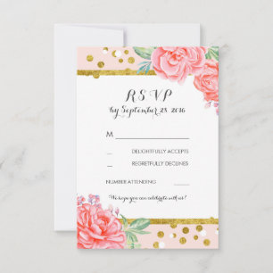 Blumen vintage rosa goldene Streifen Hochzeit RSVP Karte