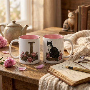 Blumen-Vintage-Smoking-Katze-Monogramm-Tasse Zweifarbige Tasse