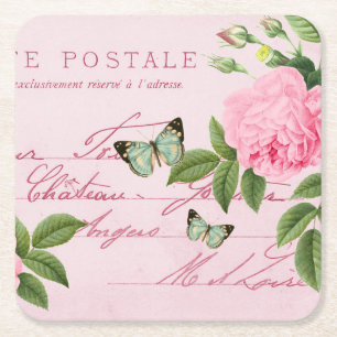Blumen-Vintage-Sommer-Untersetzer mit rosa Rose Rechteckiger Pappuntersetzer
