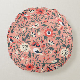 Blumen Vögel Handgezeichnet Vintage Rundes Kissen