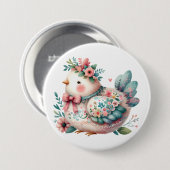 Blumen-Vogel mit pastellfarbenem Boho-Charme Button (Vorne & Hinten)