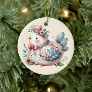 Blumen-Vogel mit pastellfarbenem Boho-Charme Keramik Ornament