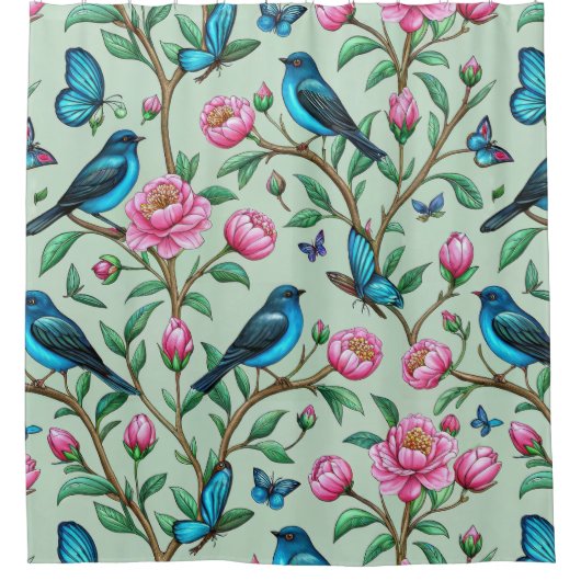 Blumen-Vogel-Muster auf Minz-Hintergrund (4) Duschvorhang (Vorderseite)