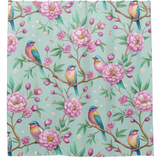 Blumen-Vogel-Muster auf Minz-Hintergrund Duschvorhang (Vorderseite)