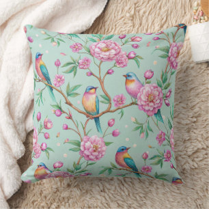 Blumen-Vogel-Muster auf Minz-Hintergrund Kissen