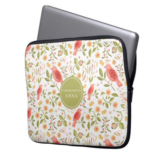 Blumen-Vogel-Muster – Elegantes Botanisches Design Laptopschutzhülle (Vorderseite Links)