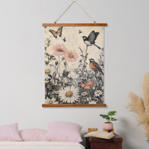 Blumen, Vögel und Schmetterling auf gealtertem Pap Wandteppich Mit Holzrahmen