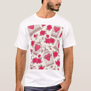 Blumen-Vogelkäfige-Rosen-Muster T-Shirt
