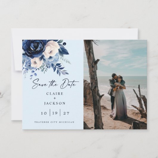 Blumen von Blau Zwei Foto Save The Date (Vorderseite)
