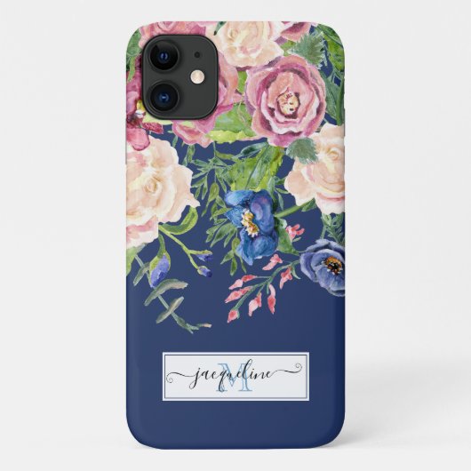 Blumen Wasserfarbener Navy Blauer Burgund Elegante Case-Mate iPhone Hülle (Rückseite)