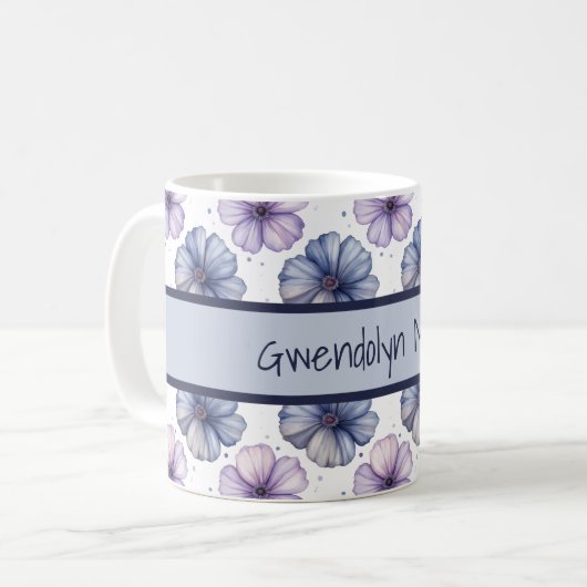 Blumen-Wasserfarbmuster Lavendel und Blau Kaffeetasse (Vorderseite Links)