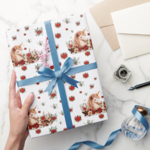 Blumen-Weihnachts-Einhorn-Kinder-Weiß-Verpackungsp Geschenkpapier