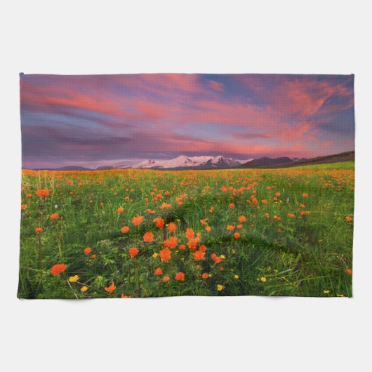 Blumen | Wildblume Felsschneebedeckte Berge Geschirrtuch (Horizontal)