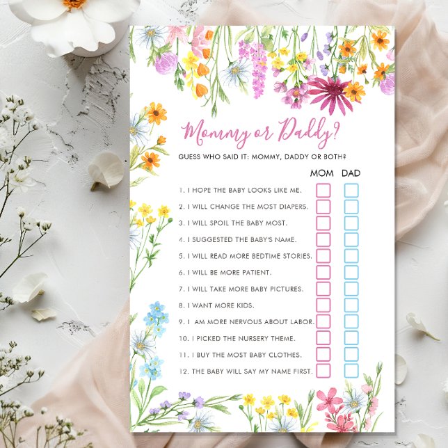 Blumen-Wildblumen-Baby-Party-Spiel für Mama oder P (Mommy or Daddy game from the Wildflower Meadow Baby Shower collection by Darling & May)