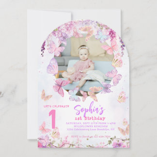 Blumen-Wisteria-Schmetterling-Kinder-Foto-Geburtst Einladung