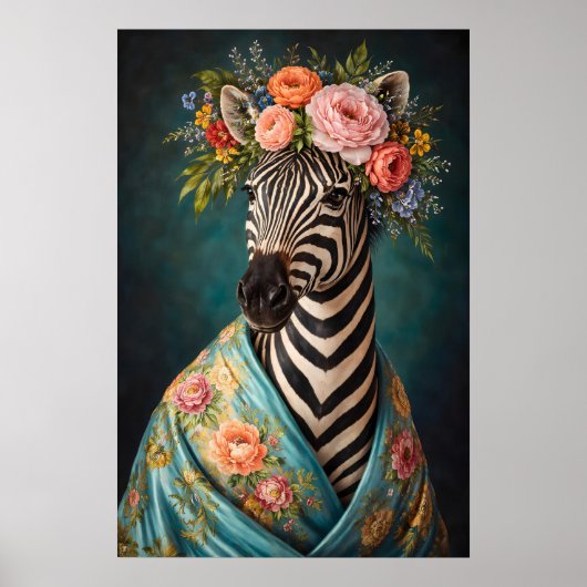 Blumen-Zebra-Porträtposter, Maximalistischer Botan Poster (Vorne)