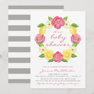 Blumen-Zitrus-Gelb-Rosa-Rose-Mädchen-Baby-Party Einladung