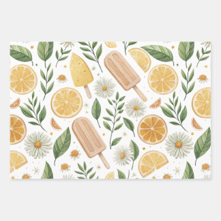 Blumen-Zitrus-Geschenkpapier – Set aus 3 flachen B Geschenkpapier Set