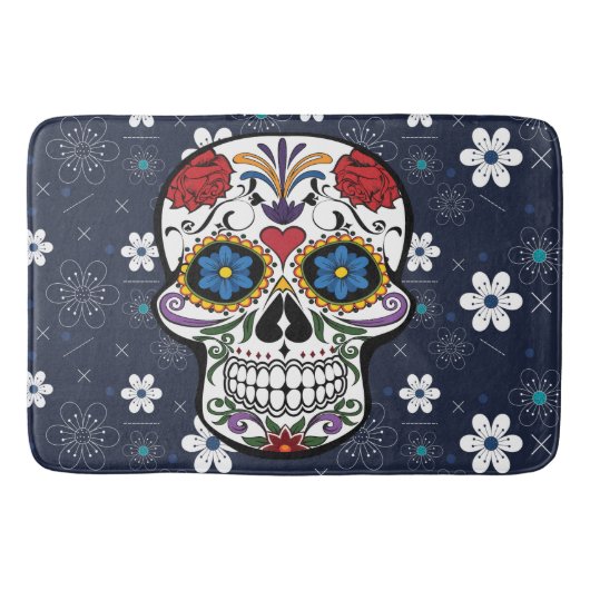 Blumen-Zuckerschädel der Badematte Retro blauer (Vorderseite)