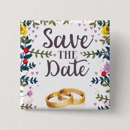 Blumen zum Datum speichern und Hochzeitsringe Button (Vorderseite)