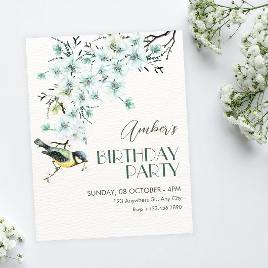 Blumen-Zweig-Vogel-Frühjahrs-Geburtstag Einladung