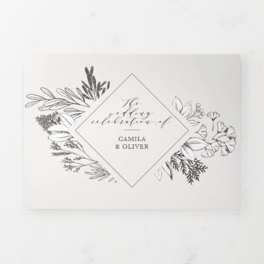 Blumenampersand Schwarz & Weiß Alles in einer Hoch Dreifach Gefaltete Einladung (Cover)