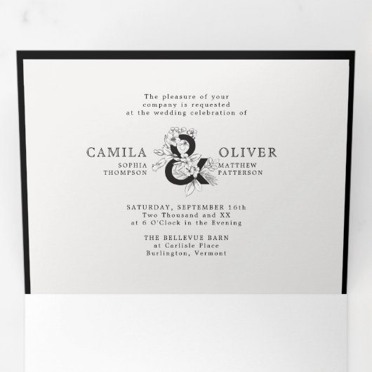 Blumenampersand Schwarz & Weiß Alles in einer Hoch Dreifach Gefaltete Einladung (Innen Erste Seite)