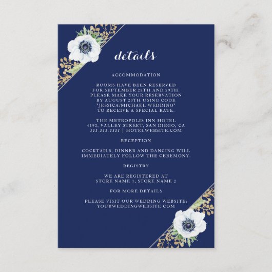 Blumenanemone Navy Blue Monogram Wedding Details Begleitkarte (Vorderseite)