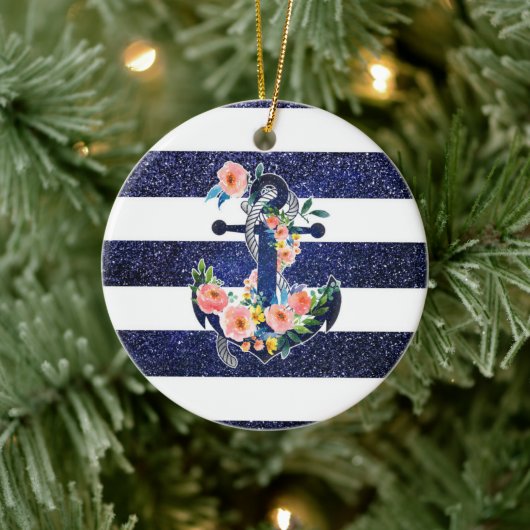 Blumenanker auf gestreiftem Hintergrund Keramik Ornament (Baum)