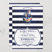 Blumenanker auf gestreiften Hochzeiten Einladung (Vorne/Hinten)